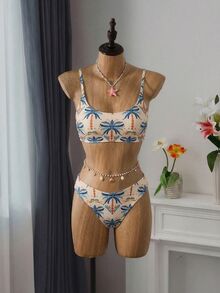 SHEIN Swim Women's Summer Beach Coconut Tree Print Spaghetti Strap Fashionable Bikini Swimwear Set - Multicolor - View 3
