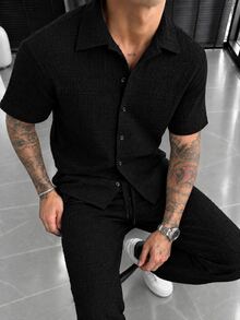 Manfinity Roughcore Men's Solid Color Short Sleeve Shirt And Long Pants Casual Daily Outfit, Goth - Black - View 1