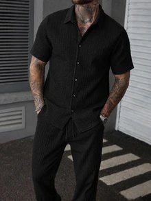 Manfinity Roughcore Men's Solid Color Short Sleeve Shirt And Long Pants Casual Daily Outfit, Goth - Black - View 3