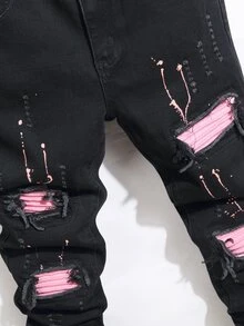 Manfinity Roughcore Men Pocket Ripped Skinny Casual Denim Jeans Black Ripped Jeans, Emo Style - Black - View 6