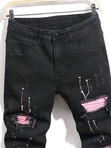 Manfinity Roughcore Men Pocket Ripped Skinny Casual Denim Jeans Black Ripped Jeans, Emo Style - Black - View 4