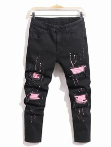 Manfinity Roughcore Men Pocket Ripped Skinny Casual Denim Jeans Black Ripped Jeans, Emo Style - Black - View 8