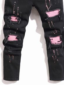 Manfinity Roughcore Men Pocket Ripped Skinny Casual Denim Jeans Black Ripped Jeans, Emo Style - Black - View 3