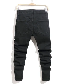 Manfinity Roughcore Men Pocket Ripped Skinny Casual Denim Jeans Black Ripped Jeans, Emo Style - Black - View 2