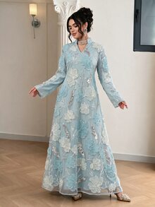 Al Najma Women's Embroidered Bead Mesh Fabric Casual Loose Daily Long Robe - Baby Blue - View 4