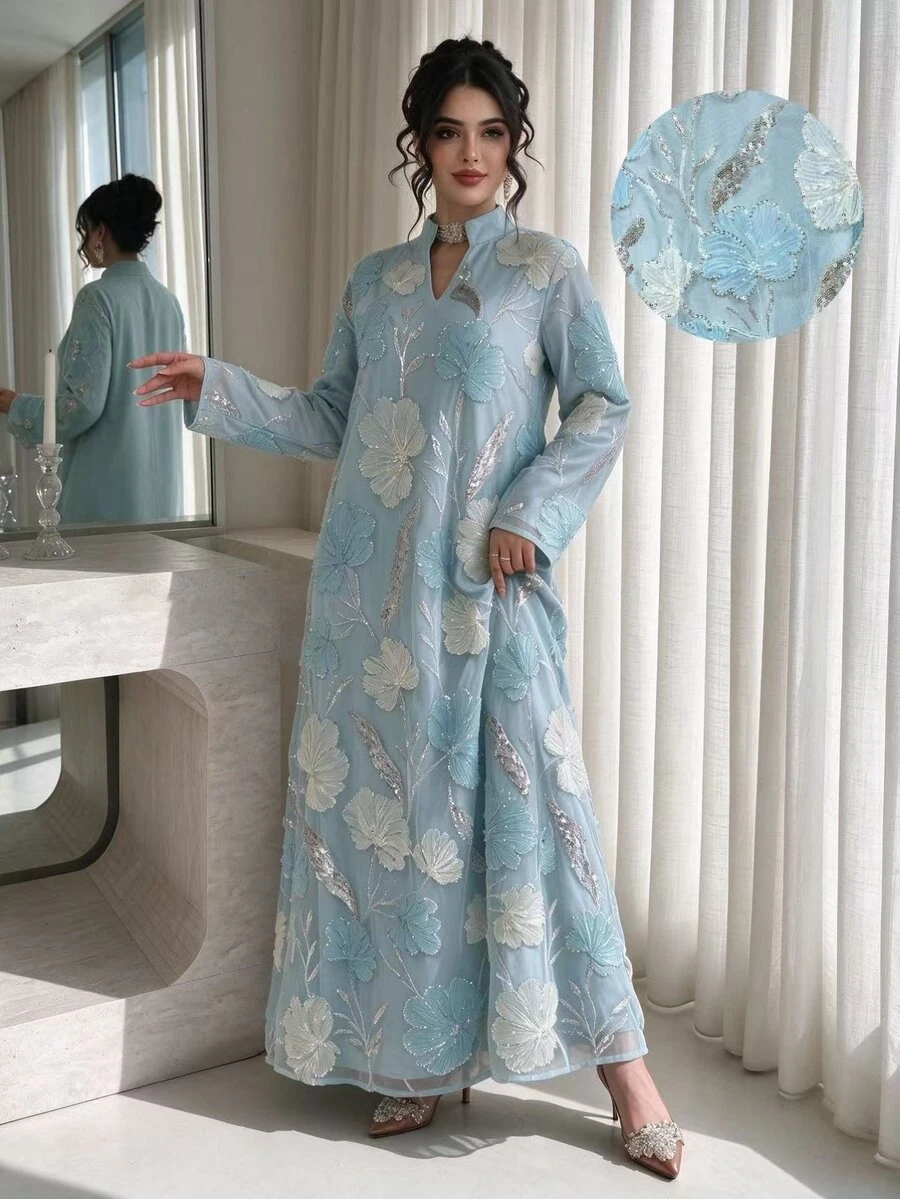 Al Najma Women's Embroidered Bead Mesh Fabric Casual Loose Daily Long Robe - Baby Blue - View 1