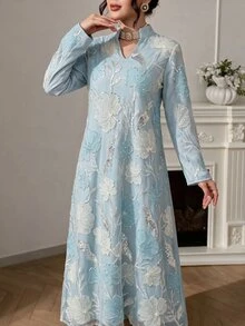 Al Najma Women's Embroidered Bead Mesh Fabric Casual Loose Daily Long Robe - Baby Blue - View 6