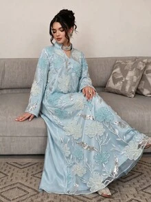 Al Najma Women's Embroidered Bead Mesh Fabric Casual Loose Daily Long Robe - Baby Blue - View 3
