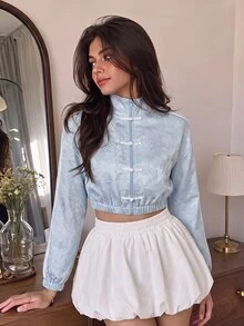 SHEIN MOD Women's New Chinese Style Stand Collar Frog Button Cinched Waist Fashion Ultra Short Jacket,Cute Summer Outfits, - Multicolor - View 3