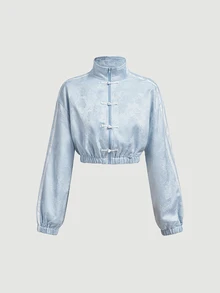 SHEIN MOD Women's New Chinese Style Stand Collar Frog Button Cinched Waist Fashion Ultra Short Jacket,Cute Summer Outfits, - Multicolor - View 2