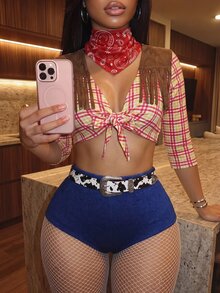 Slaydiva Western-Style Fringe Two Pieces Set | Plaid Lace-Up Crop Top And Shorts – Perfect For Halloween And Country Music Festivals – Hat Not Included – A - Multicolor - View 7