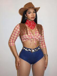 Slaydiva Western-Style Fringe Two Pieces Set | Plaid Lace-Up Crop Top And Shorts – Perfect For Halloween And Country Music Festivals – Hat Not Included – A - Multicolor - View 8