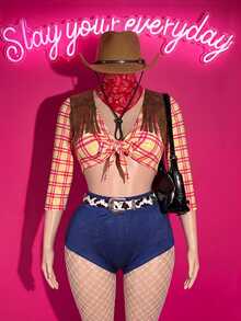 Slaydiva Western-Style Fringe Two Pieces Set | Plaid Lace-Up Crop Top And Shorts – Perfect For Halloween And Country Music Festivals – Hat Not Included – A - Multicolor - View 10