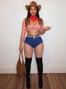 Slaydiva Western-Style Fringe Two Pieces Set | Plaid Lace-Up Crop Top And Shorts – Perfect For Halloween And Country Music Festivals – Hat Not Included – A - Multicolor - View 2