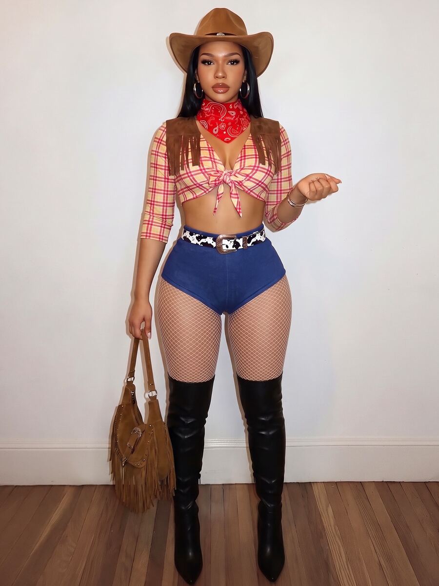 Slaydiva Western-Style Fringe Two Pieces Set | Plaid Lace-Up Crop Top And Shorts – Perfect For Halloween And Country Music Festivals – Hat Not Included – A