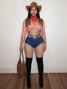 Slaydiva Western-Style Fringe Two Pieces Set | Plaid Lace-Up Crop Top And Shorts – Perfect For Halloween And Country Music Festivals – Hat Not Included – A - Multicolor - View 9