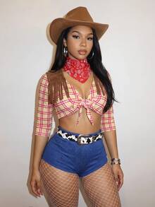 Slaydiva Western-Style Fringe Two Pieces Set | Plaid Lace-Up Crop Top And Shorts – Perfect For Halloween And Country Music Festivals – Hat Not Included – A - Multicolor - View 6