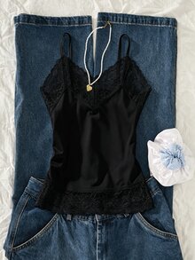 SHEIN 青少年女孩復古街頭風字母印花拼色細肩帶無袖短版背心上衣，秋季上衣 - 黑色 - 查看 3