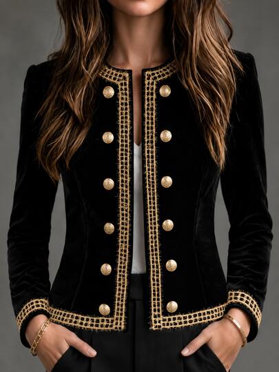 SHEIN Women's Contrast Color Casual Elegant Commute Office Dinner Travel Long Sleeve Blazer Black And Gold Summer