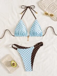 SHEIN Swim Women's Summer New Contrast Color Polka Dot Print Reversible Halter Tie Back Sexy Bikini Set, Suitable For Beach, Vacation - Multicolor - View 7