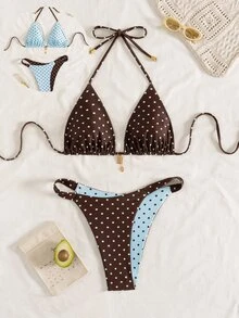 SHEIN Swim Women's Summer New Contrast Color Polka Dot Print Reversible Halter Tie Back Sexy Bikini Set, Suitable For Beach, Vacation - Multicolor - View 5