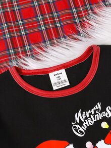 SHEIN 2件組兒童青少年男孩休閒聖誕圖案聖誕老人舒適印花圓領長袖睡衣上衣與格紋印花睡褲針織居家服修身套裝 - 黑色 - 查看 5