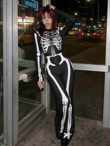 EgrlEra Skeleton Graphic Front-Zip Mock Neck Long Sleeve Jumpsuit, Halloween Fall Cloth For Women - Black - View 1