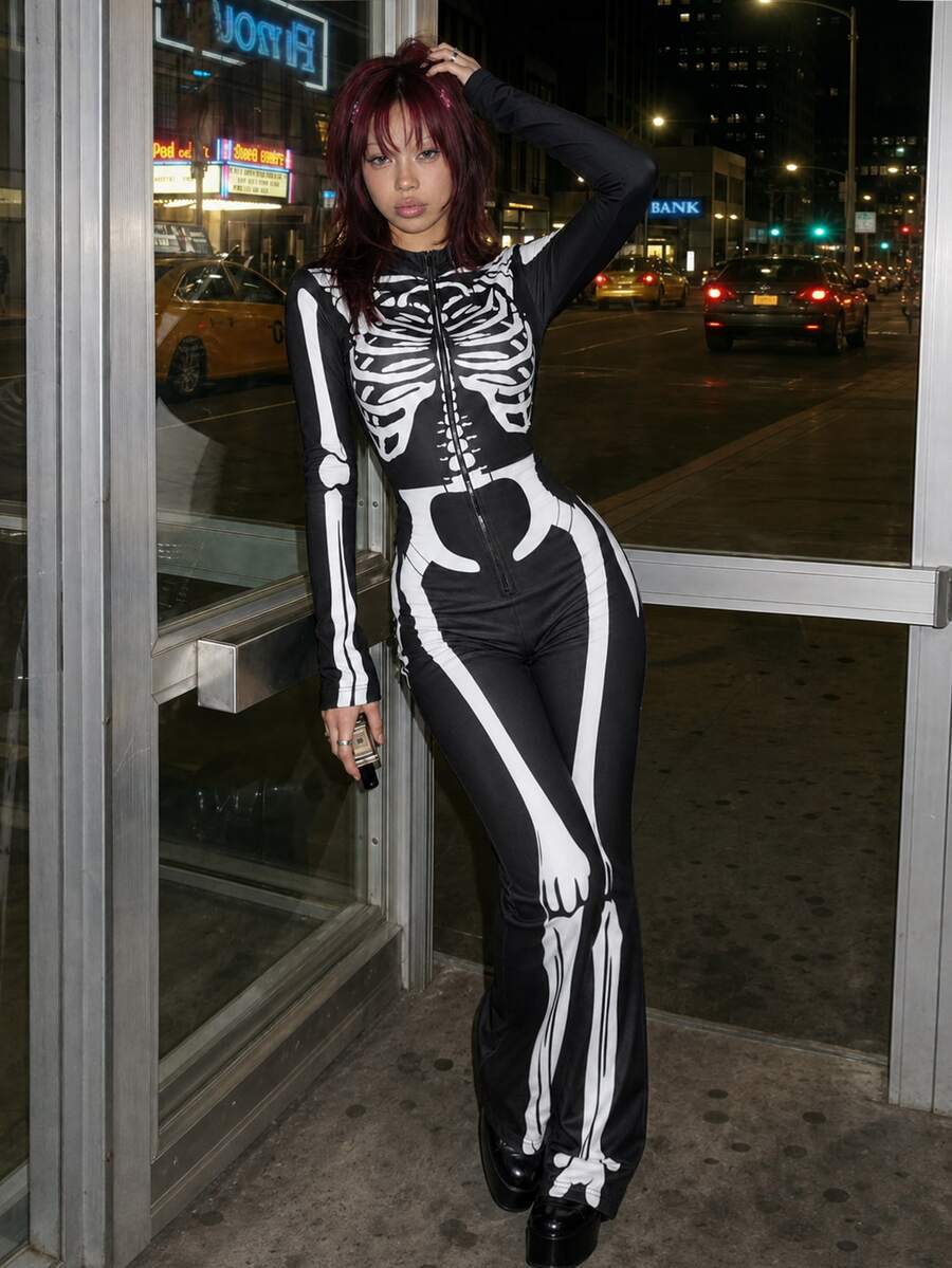 EgrlEra Skeleton Graphic Front-Zip Mock Neck Long Sleeve Jumpsuit, Halloween Fall Cloth For Women - Black - View 1