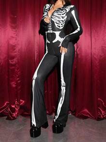 EgrlEra Skeleton Graphic Front-Zip Mock Neck Long Sleeve Jumpsuit, Halloween Fall Cloth For Women - Black - View 7
