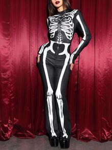 EgrlEra Skeleton Graphic Front-Zip Mock Neck Long Sleeve Jumpsuit, Halloween Fall Cloth For Women - Black - View 4