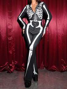 EgrlEra Skeleton Graphic Front-Zip Mock Neck Long Sleeve Jumpsuit, Halloween Fall Cloth For Women - Black - View 6