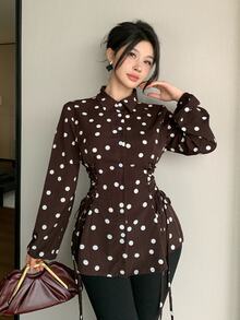 Modelyn Women's Polka Long Sleeve Single-Breasted Drawstring Tie Waist Blouse Fall Cloth Design Casual Vintage Elegant Versatile Daily Outing Office Brunch - Brown - View 7