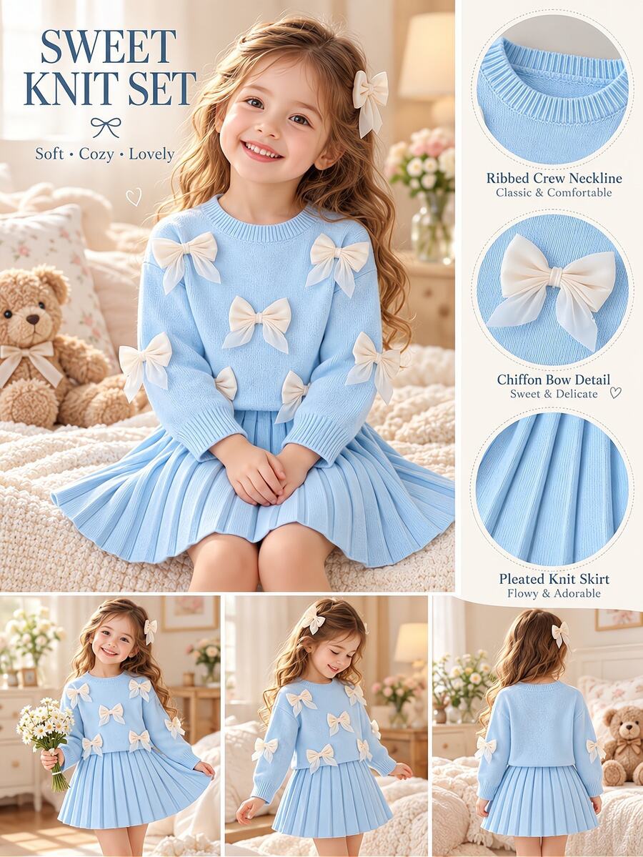 SHEIN Playful Pals (少女)燕麥色手工歐根紗蝴蝶結圓領落肩長袖套頭毛衣 + 成套百褶裙 秋冬款 - 淺藍色 - 查看 1