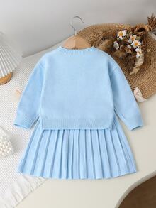 SHEIN Playful Pals (少女)燕麥色手工歐根紗蝴蝶結圓領落肩長袖套頭毛衣 + 成套百褶裙 秋冬款 - 淺藍色 - 查看 2