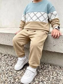 Genkimix Kids Young Boy Colorblock Long Sleeve Sweatshirt And Pants Casual Daily Outfit - Multicolor - View 4