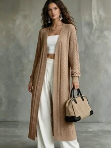 SHEIN LUNE 女士纯色休闲百搭长袖开衫 - 卡其色 - 查看 1