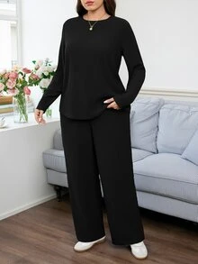 SHEIN LUNE 大尺碼休閒柔軟修身百搭純色上衣與長褲兩件套 秋季正式居家度假黑色加厚 - 黑色 - 查看 3