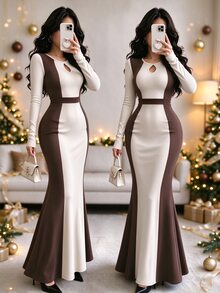 Elenzga Mature Style Slimming Ceiling Coffee & Beige Contrast Vertical Ribbed Fitted Dress, Vintage Hollow Neckline Mermaid Tail Dress - Multicolor - View 3