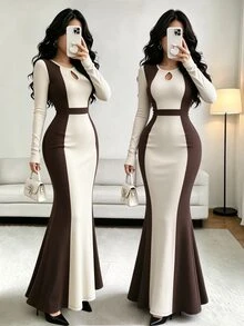 Elenzga Mature Style Slimming Ceiling Coffee & Beige Contrast Vertical Ribbed Fitted Dress, Vintage Hollow Neckline Mermaid Tail Dress - Multicolor - View 1