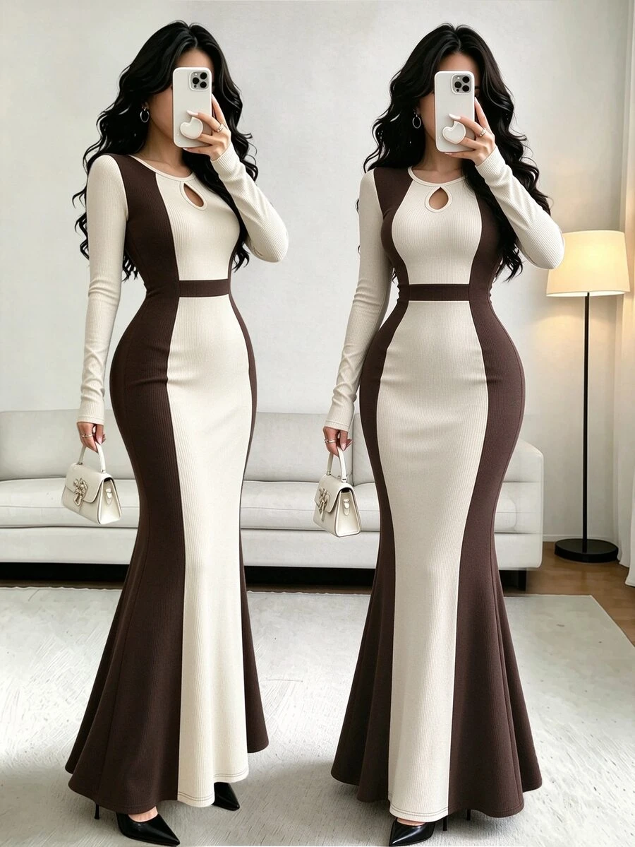 Elenzga Mature Style Slimming Ceiling Coffee & Beige Contrast Vertical Ribbed Fitted Dress, Vintage Hollow Neckline Mermaid Tail Dress - Multicolor - View 1