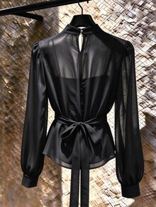 SHEIN Raffinéa Elegant Stand Collar Chiffon Commute Date Tie-Front Women's Blouse - Black - View 2