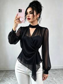 SHEIN Raffinéa Elegant Stand Collar Chiffon Commute Date Tie-Front Women's Blouse - Black - View 3