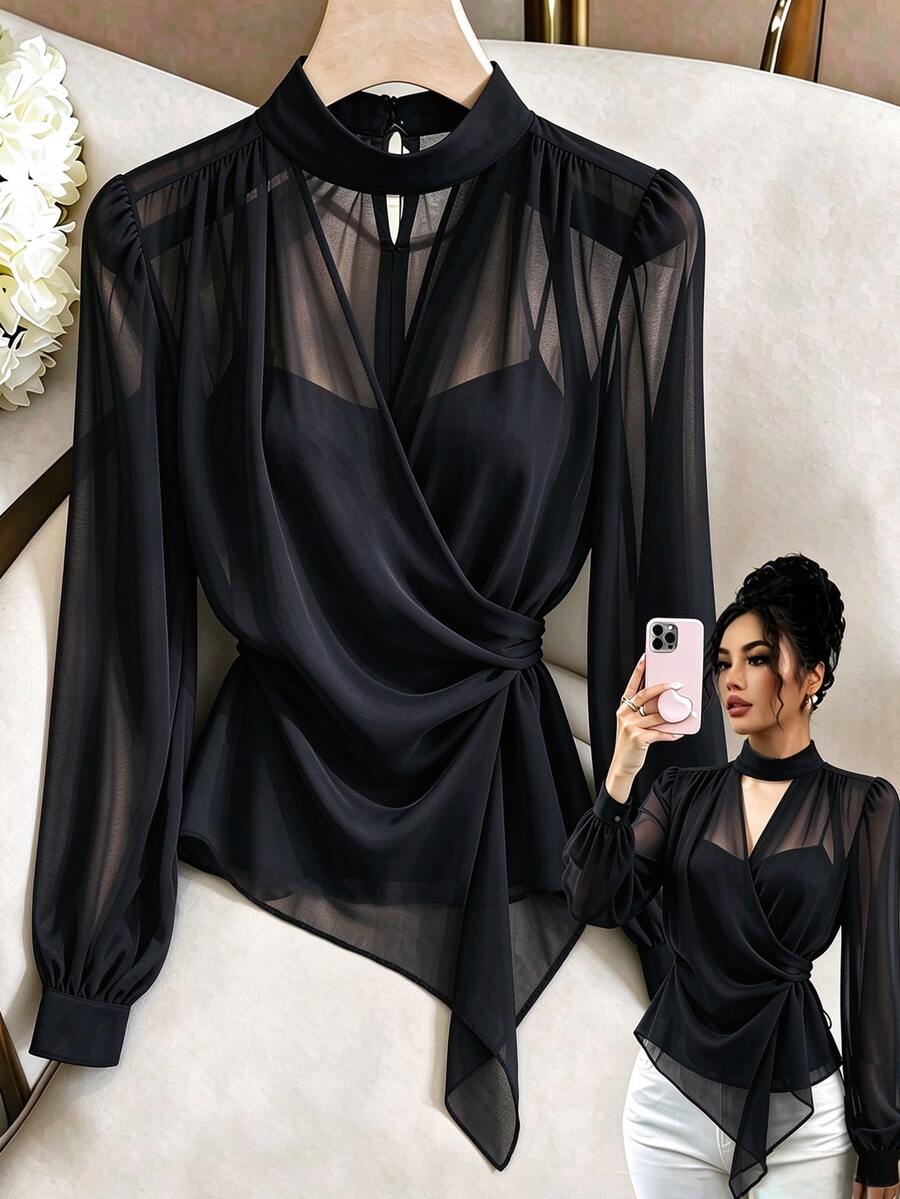 SHEIN Raffinéa Elegant Stand Collar Chiffon Commute Date Tie-Front Women's Blouse - Black - View 1