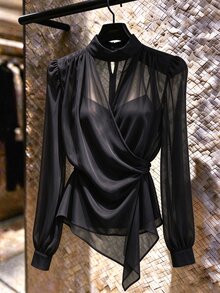 SHEIN Raffinéa Elegant Stand Collar Chiffon Commute Date Tie-Front Women's Blouse - Black - View 5