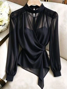 SHEIN Raffinéa Elegant Stand Collar Chiffon Commute Date Tie-Front Women's Blouse - Black - View 4