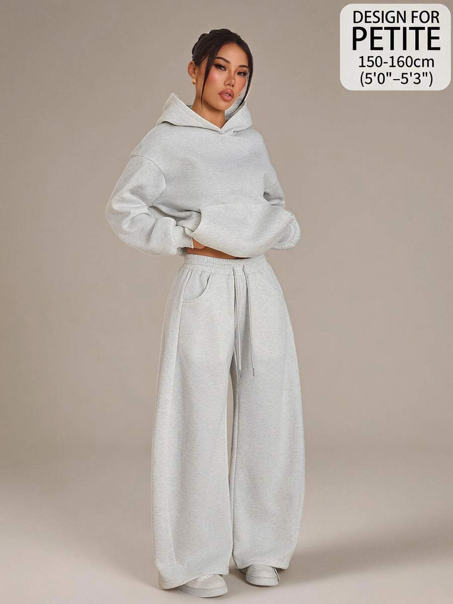 SHEIN PETITE Women's Solid Color Drop Shoulder Long Sleeve Pocket Hooded Sweatshirt And Sweatpants Casual 2 Pieces Set Lounge Airport Light Grey,Fall/Winter,Petite - Grey - View 1