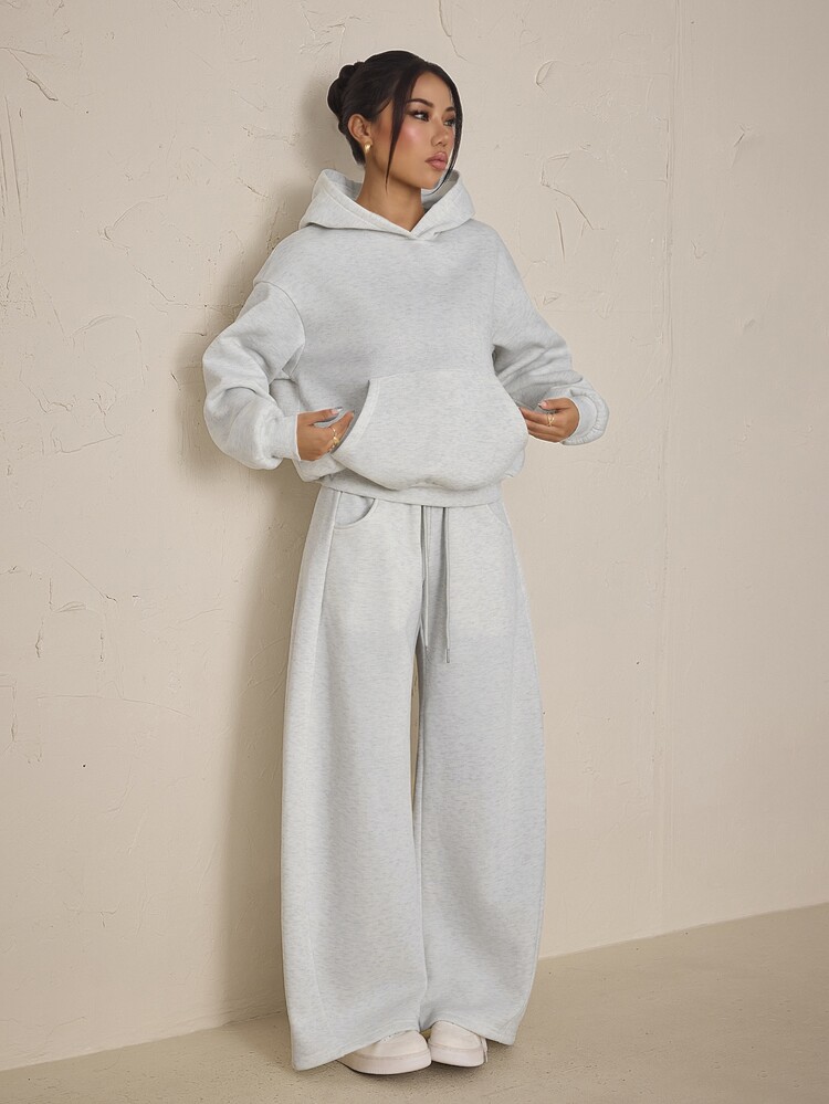 SHEIN PETITE Women's Solid Color Drop Shoulder Long Sleeve Pocket Hooded Sweatshirt And Sweatpants Casual 2 Pieces Set - Grey - View 5