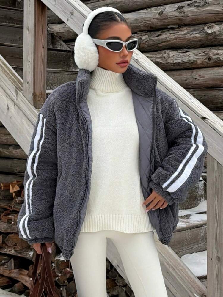 Muchica Women's Winter Grey Plush Patchwork Webbing Loose Stand Collar Padded Coat For Going Out, Streetwear,Winter Clothes For Women - Grey - View 3