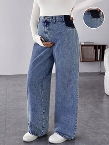 SHEIN 孕婦蝴蝶結刺繡寬腿寬鬆休閒牛仔褲 女款牛仔女孩風新年穿搭 - 藍色 - 查看 3