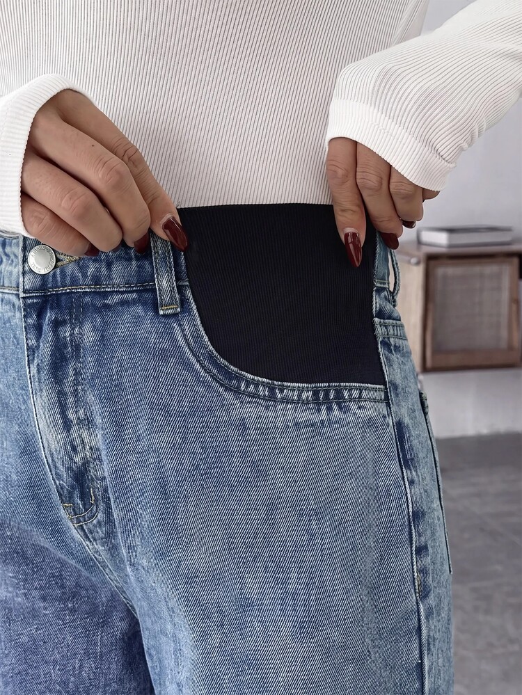 SHEIN Maternity Bow Embroidery Wide Leg Loose Casual Denim Jeans Cowgirl Clothing For Women New Year Outfit - Blue - View 4